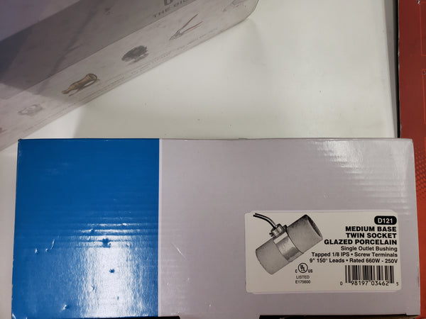 ADL D121 Medium Base Glazed Porcelain Twin Socket w/Single Outlet Bushing & Wire Leads