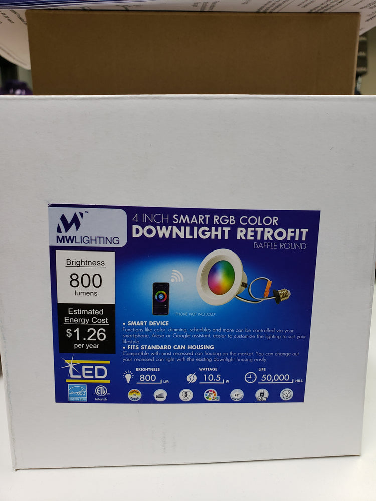 MW LED LIGHTING 10.5W 120V 800L 4" Round LED Smart RGB + 5CCT Recessed Retrofit w/White Baffle Trim
