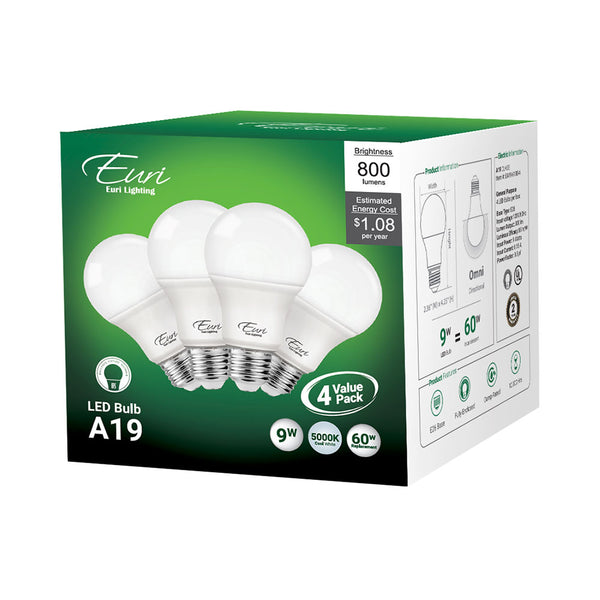 EURI LIGHTING 9W 120V A19 5K 800L General Purpose LED Frosted Lamp, 4-Pack