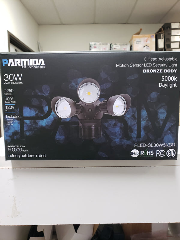 PARMIDA LED 30W 120V 5000K 2250L 3-Head Adjustable Security Light, Bronze Finish